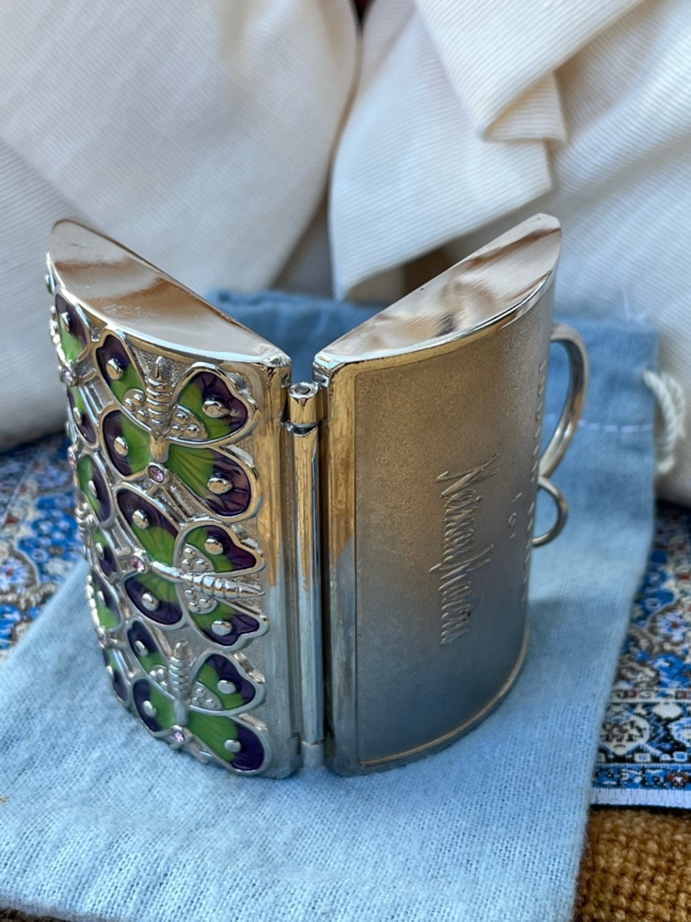 Judith Leiber Purple and Green Butterfly Minaudière Pillbox Trinket Box - Picture 8 of 12